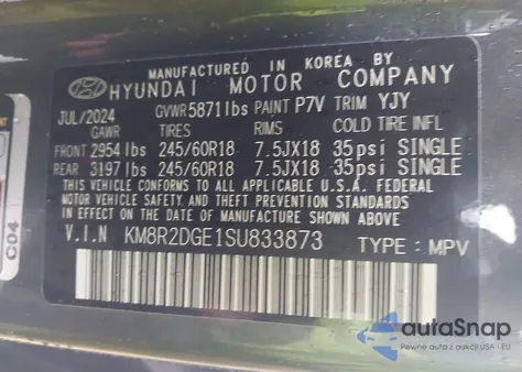2025 Hyundai Palisade Sel from USA, damaged, VIN KM8R2DGE1SU833873